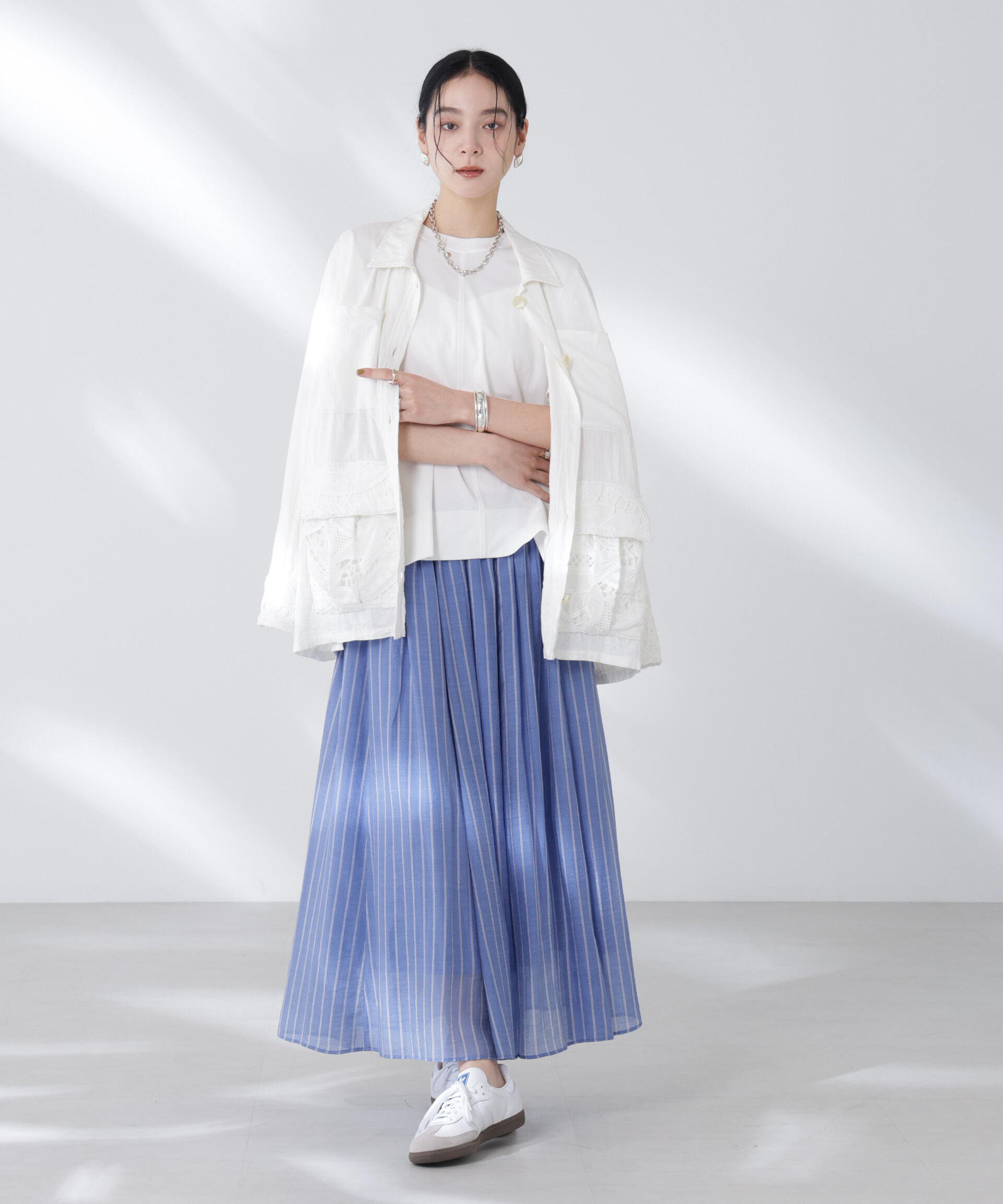 nano･universe「シアーストライプギャザーフレアスカート(セットアップ可)」|スカート|