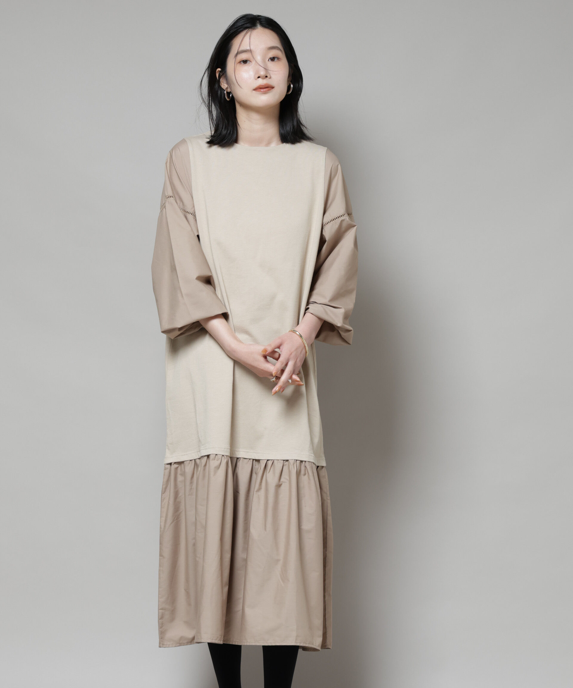 nano･universe「ハシゴレーススリーブ異素材コンビワンピース」|ワンピース|