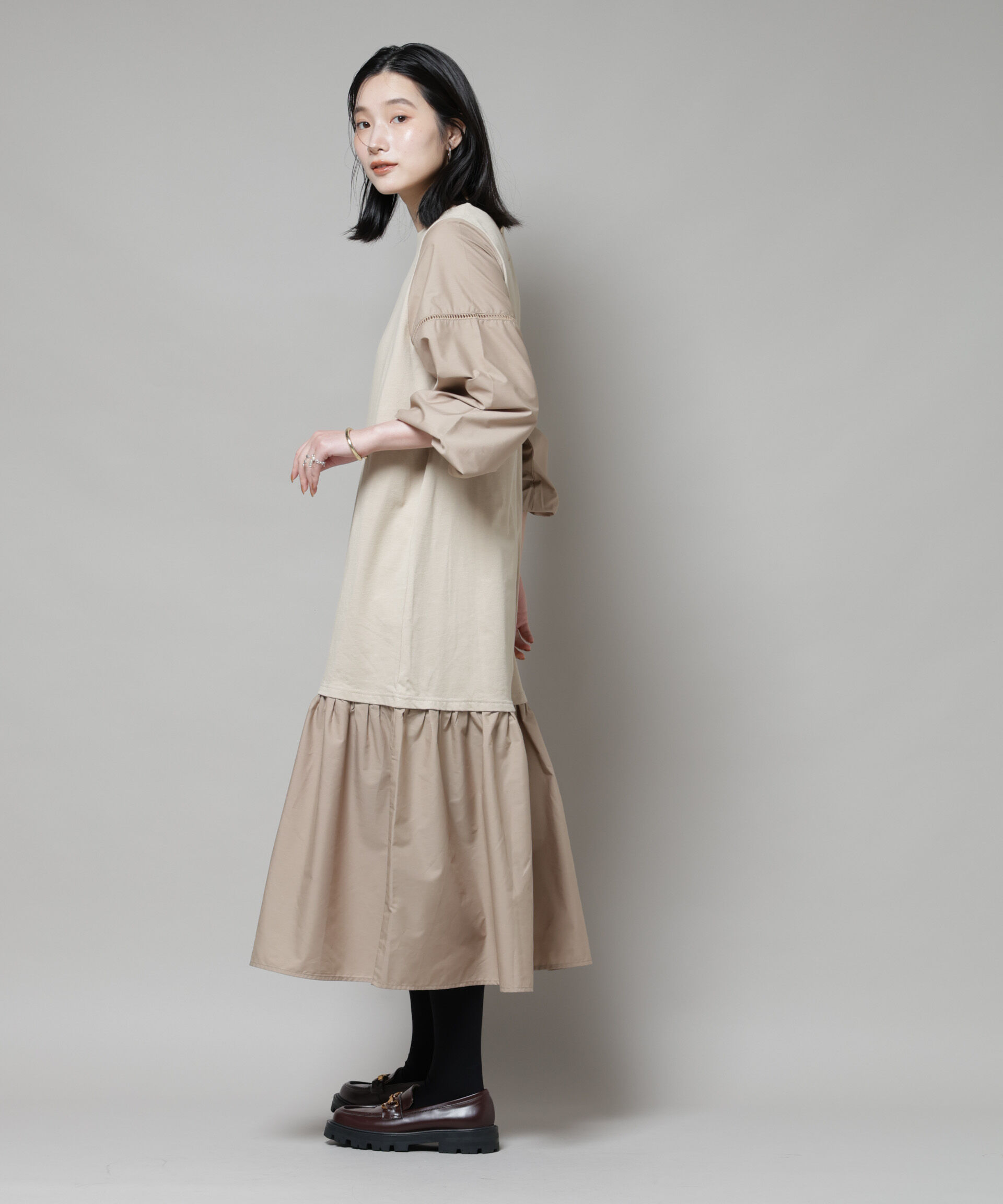 nano･universe「ハシゴレーススリーブ異素材コンビワンピース」|ワンピース|