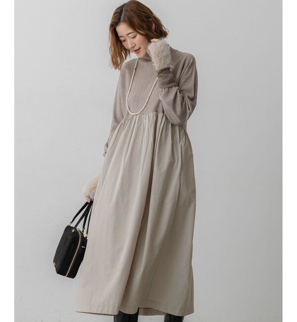 23区「【洗える】ギャザーコンビ ニットワンピース」|ワンピース|ベージュ系