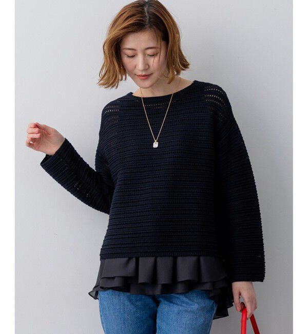 23区「コットンギマ ボートネック ニット」|ニット・セーター|ネイビー系