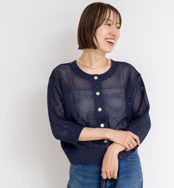 NOLLEY'S「《手洗い可能》スパンコールメッシュ5分袖カーディガン」|カーディガン|