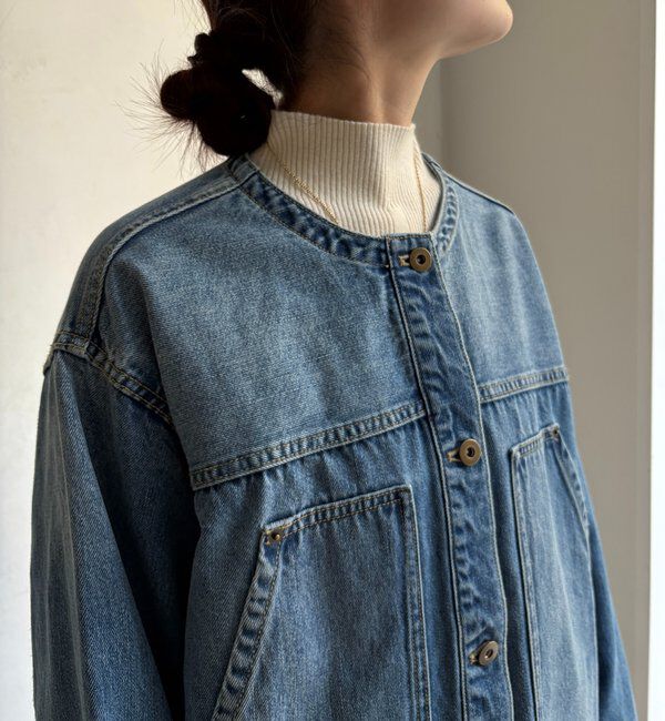  「【襟の取り外しが可能！】レザーカラーデニムジャケット」|ブルゾン・スタジャン|