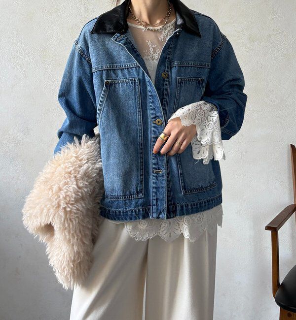  「【襟の取り外しが可能！】レザーカラーデニムジャケット」|ブルゾン・スタジャン|