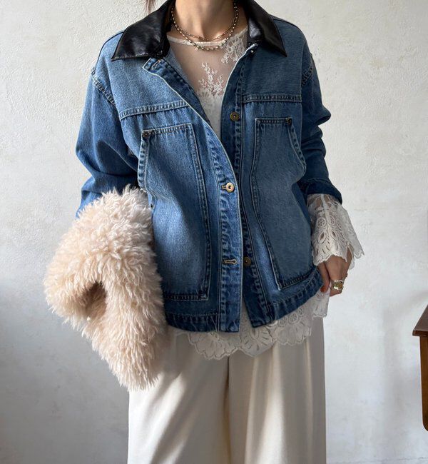  「【襟の取り外しが可能！】レザーカラーデニムジャケット」|ブルゾン・スタジャン|