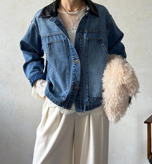  「【襟の取り外しが可能！】レザーカラーデニムジャケット」|ブルゾン・スタジャン|