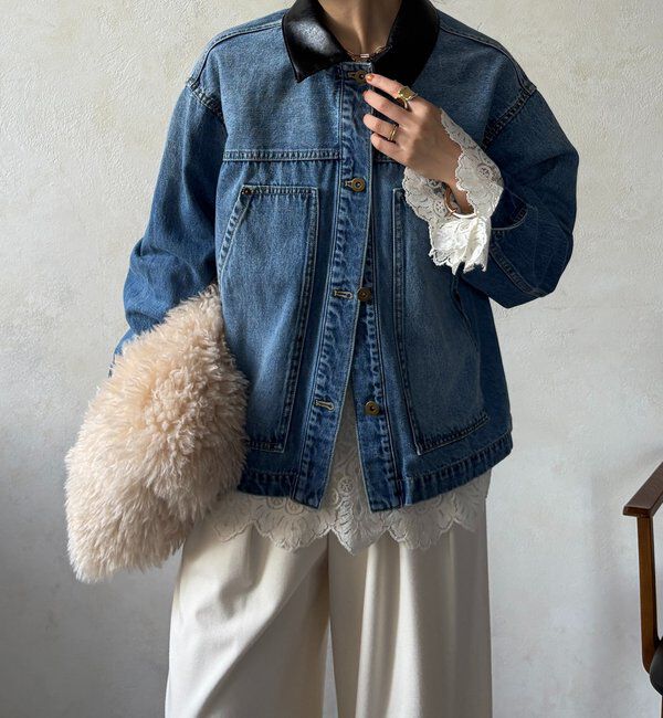  「【襟の取り外しが可能！】レザーカラーデニムジャケット」|ブルゾン・スタジャン|