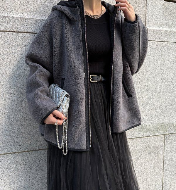  「ボア配色フーディーコート」|その他|チャコールグレー