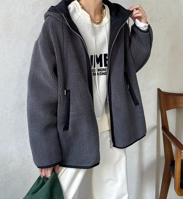  「ボア配色フーディーコート」|その他|