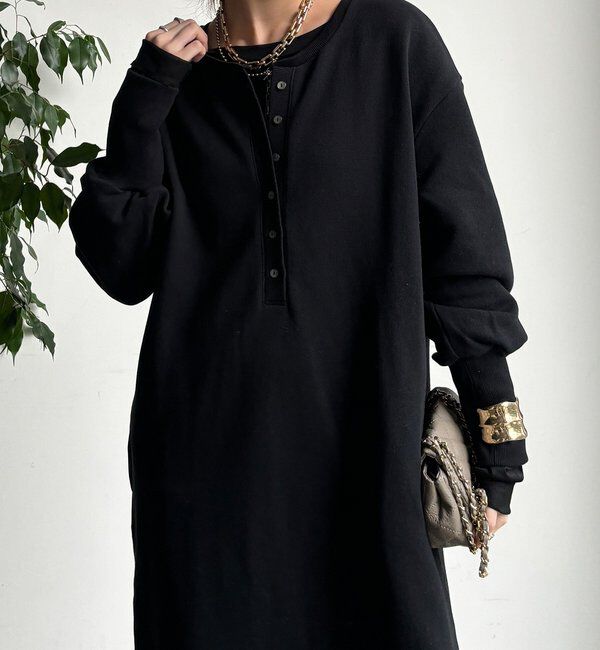  「裏毛裏起毛ヘンリーネックワンピース」|ワンピース|ブラック