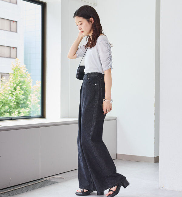  「【3サイズ】デニムタックワイドパンツ」|デニム|