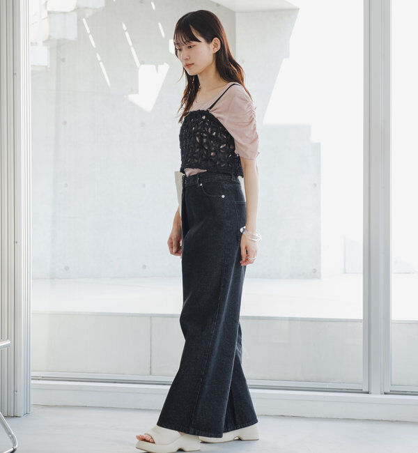  「【3サイズ】デニムタックワイドパンツ」|デニム|