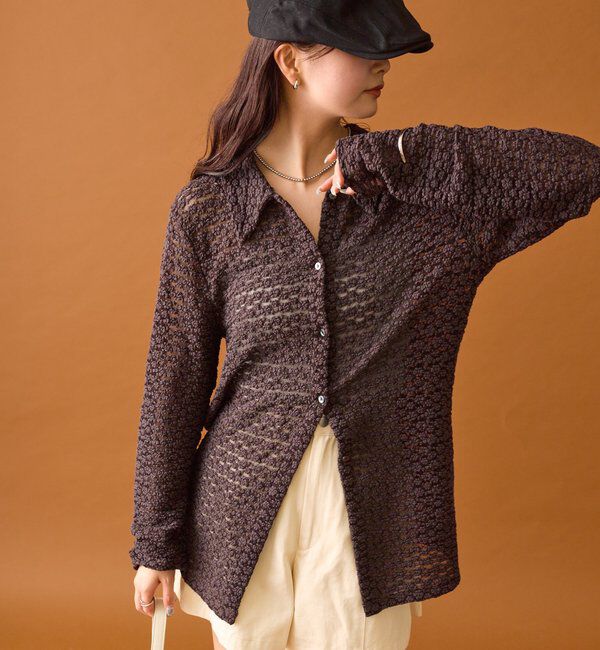  「襟付きレースカーディガン」|カーディガン|ブラウン