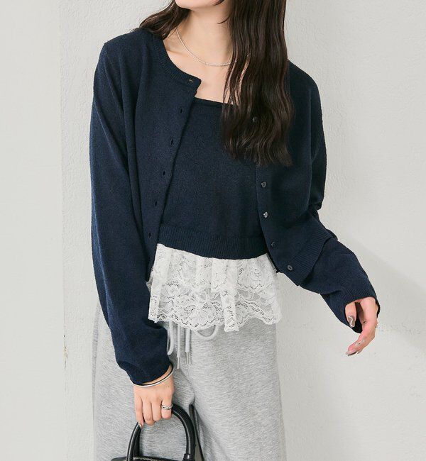  「ブークレ裾レースカーデセット」|カーディガン|