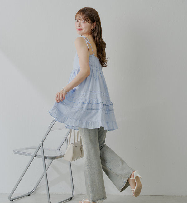  「【WEB限定追加】肩リボンコットンレースフリルキャミミニワンピ」|ワンピース|