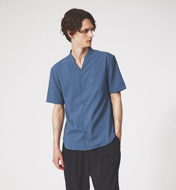 ABAHOUSE「【定番】ノーカラー Vネック 半袖シャツ」|シャツ・ブラウス|ブルー