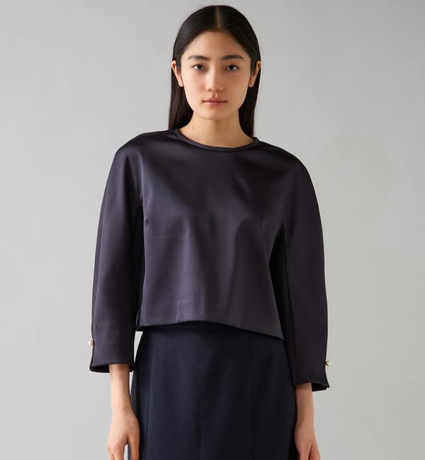 TIARA「クロップドサテンブラウス」|シャツ・ブラウス|ネイビー