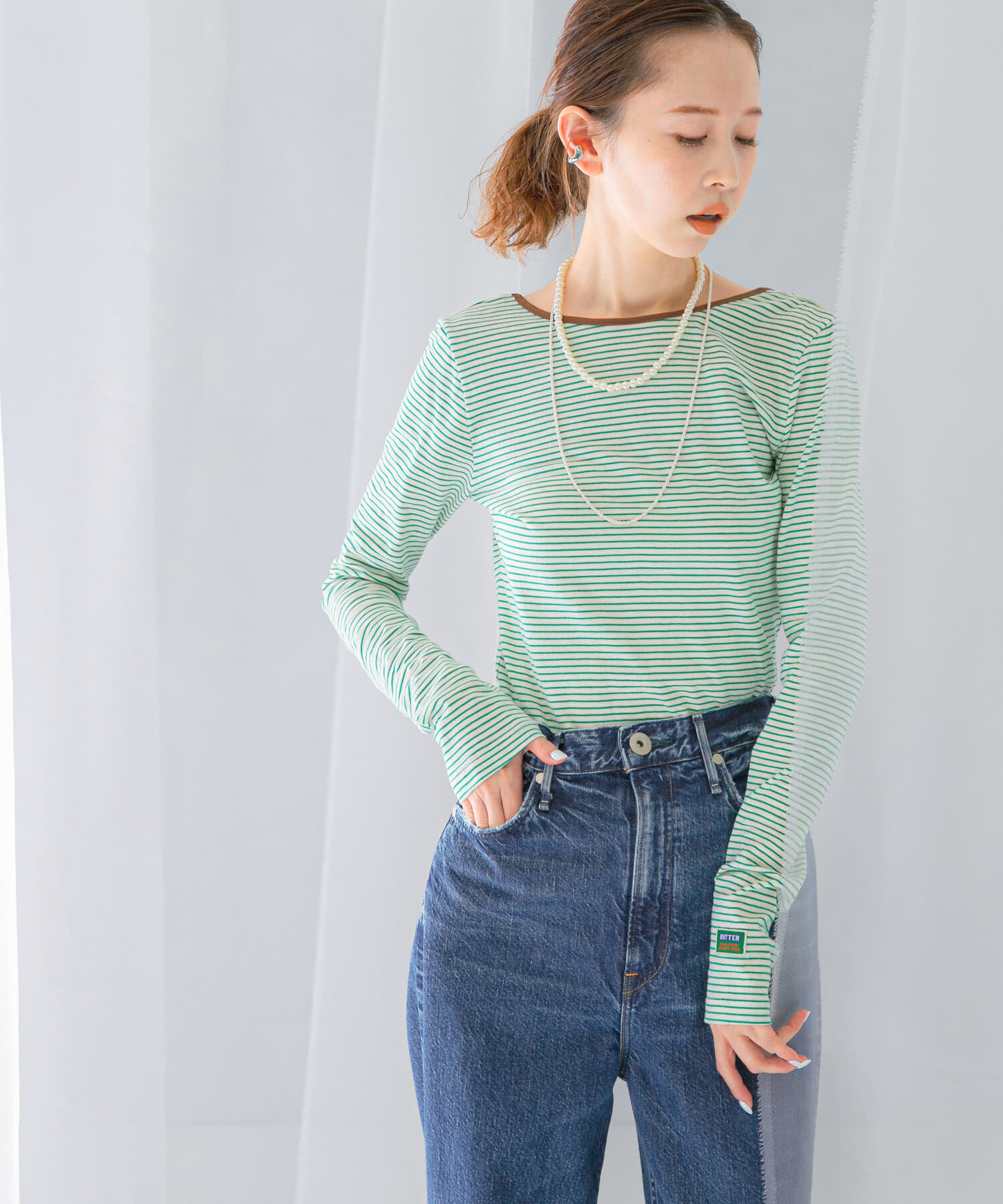 URBAN RESEARCH ROSSO「GREEN BUTTER　Two-way Stripe Patch T-shirts」|Tシャツ・カットソー|