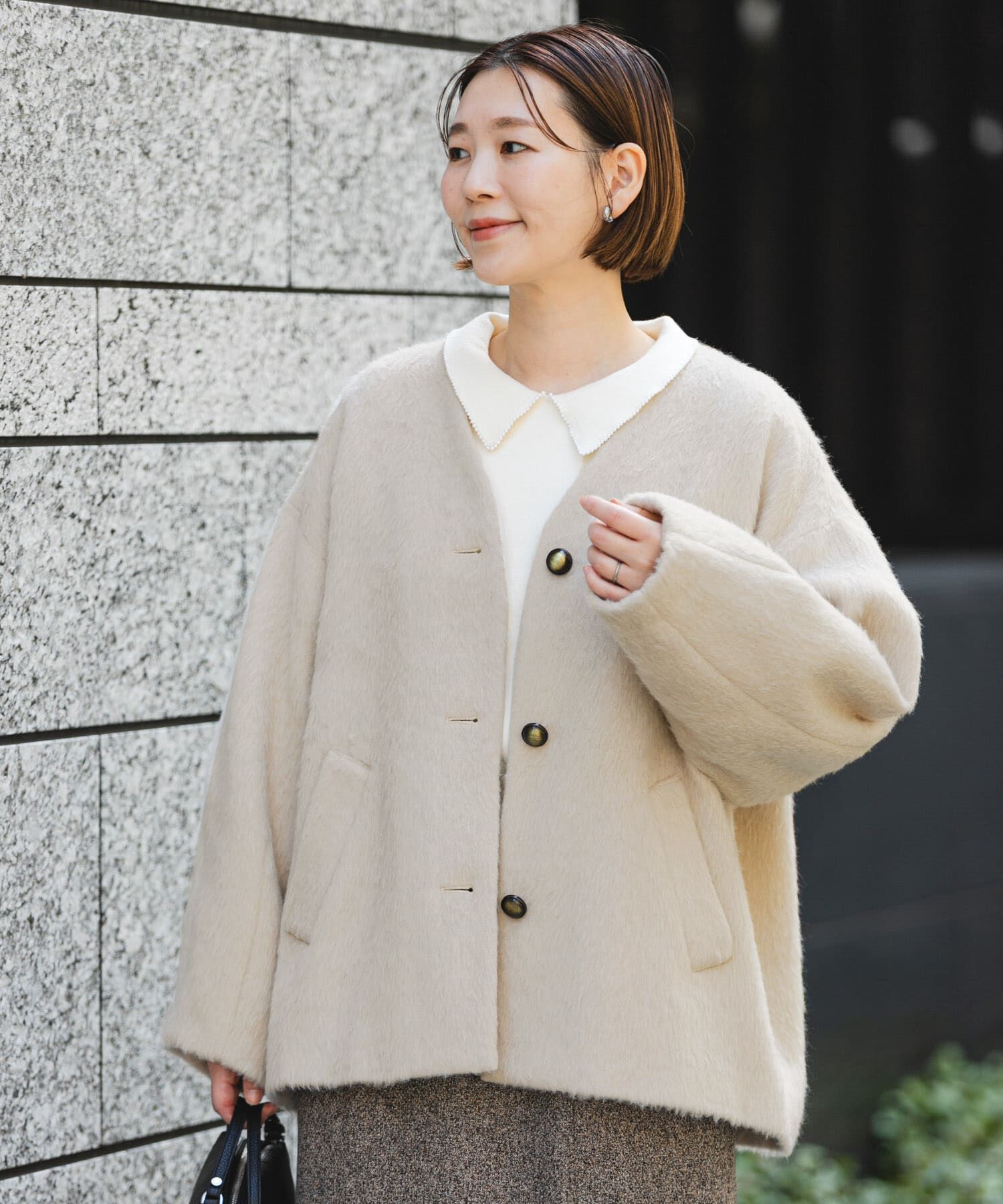 URBAN RESEARCH ROSSO「F by ROSSO　『UR TECH』シャギーノーカラーコート」|ノーカラージャケット|アイボリー