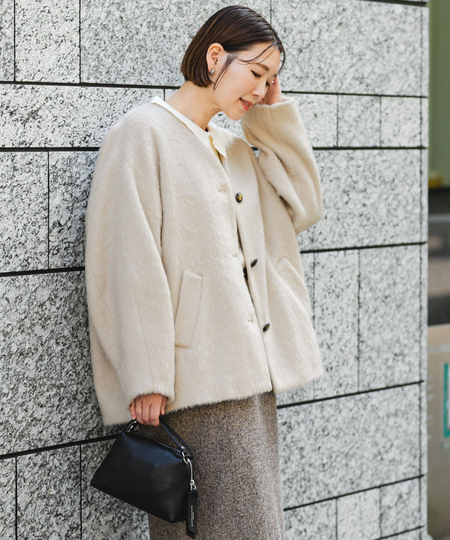 URBAN RESEARCH ROSSO「F by ROSSO　『UR TECH』シャギーノーカラーコート」|ノーカラージャケット|