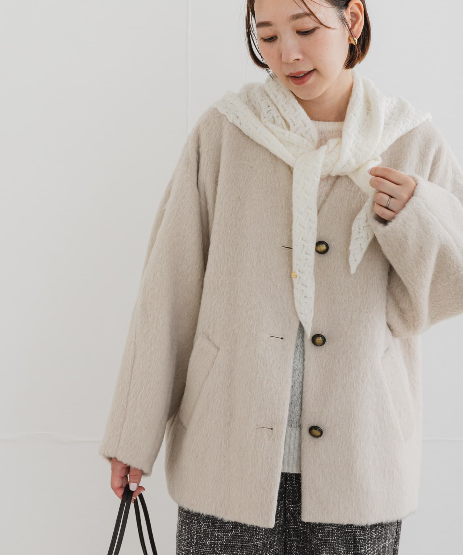 URBAN RESEARCH ROSSO「F by ROSSO　『UR TECH』シャギーノーカラーコート」|ノーカラージャケット|