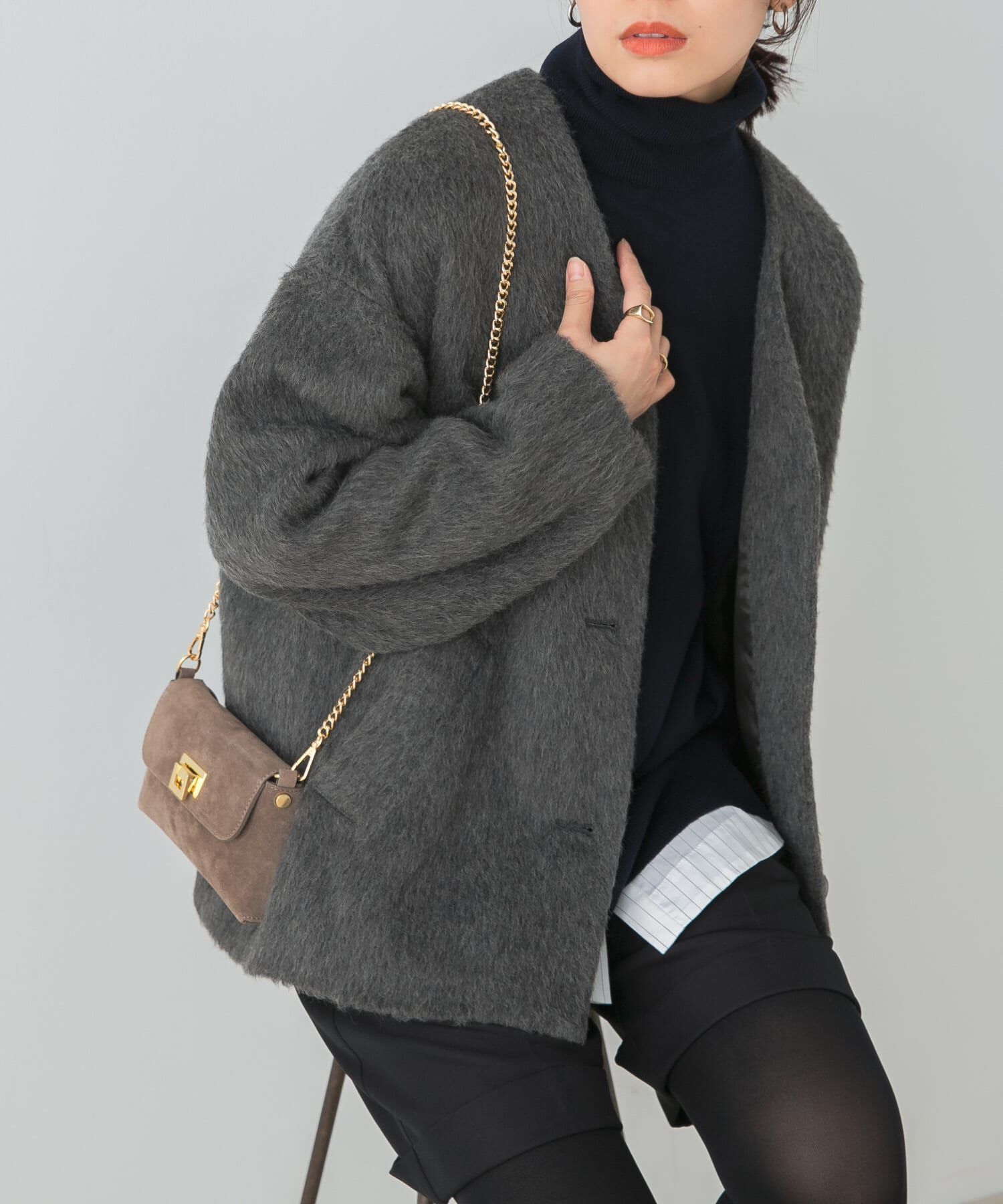 URBAN RESEARCH ROSSO「F by ROSSO　『UR TECH』シャギーノーカラーコート」|ノーカラージャケット|