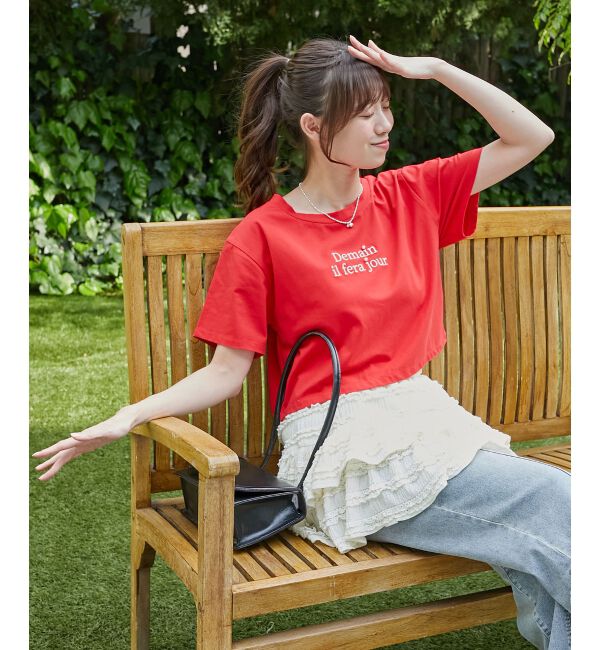  「パール付きクロップドロゴTシャツ」|Tシャツ・カットソー|レッド