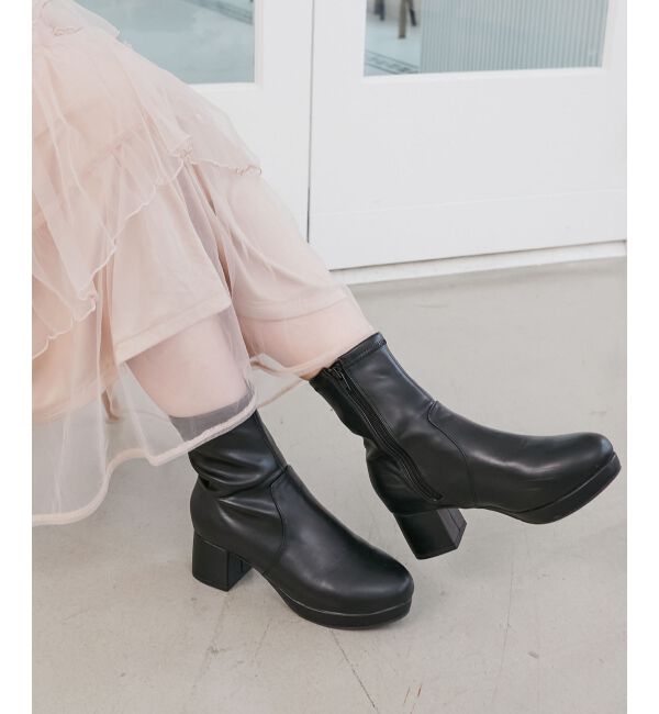  「フカフカヒールストレッチブーツ」|ショートブーツ|