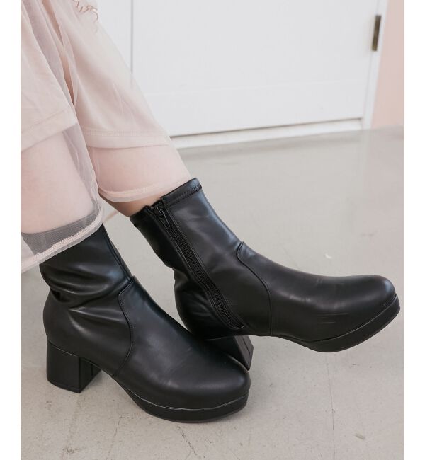  「フカフカヒールストレッチブーツ」|ショートブーツ|