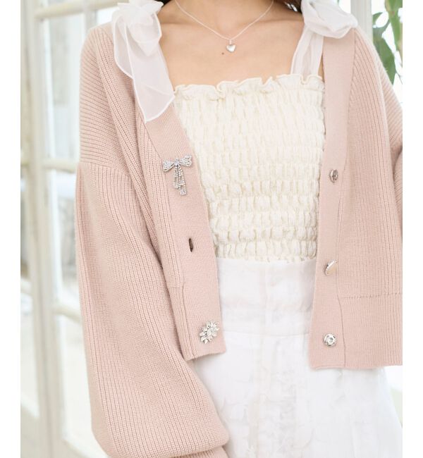  「キラキラモチーフビジューボタンカーデ」|カーディガン|ピンク