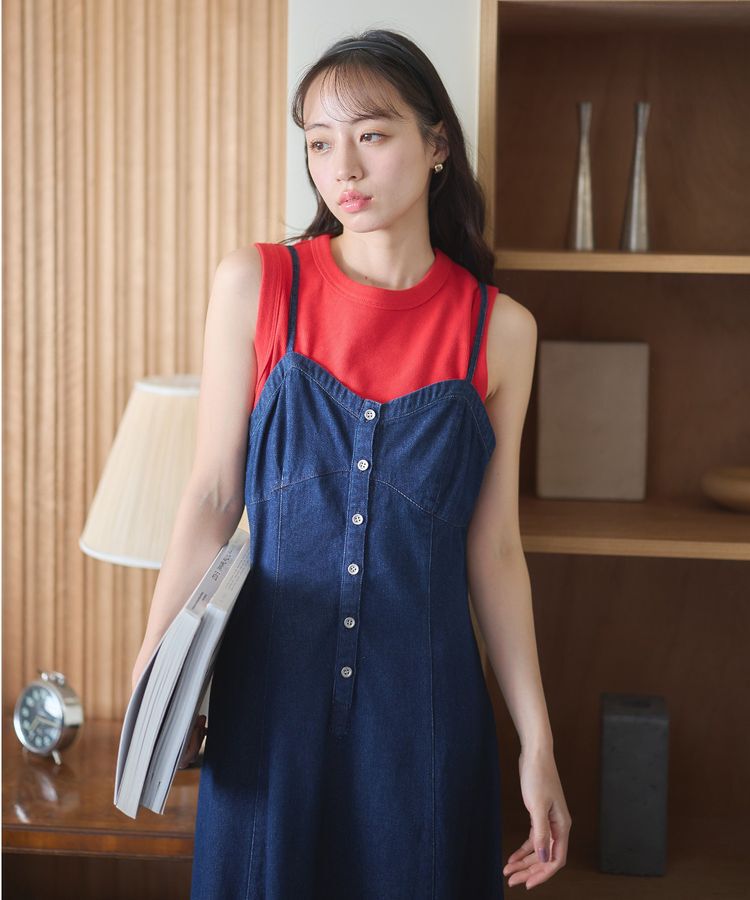 earth music&ecology「フロントボタンデニムキャミドレ」|ワンピース|