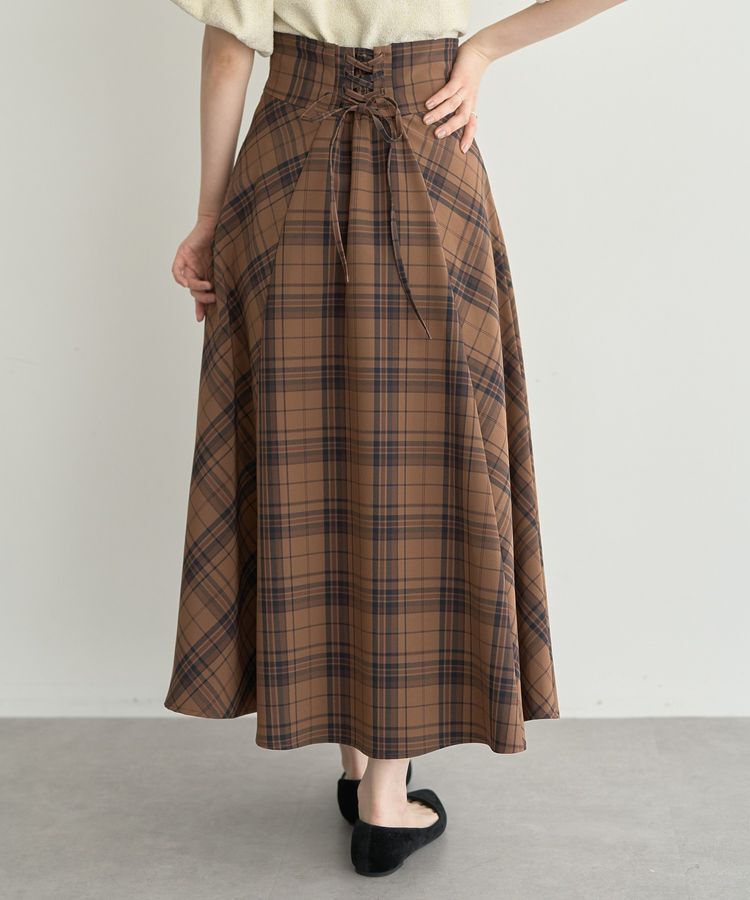 earth music&ecology「バックレースアップチェックスカート」|フレア|Camel