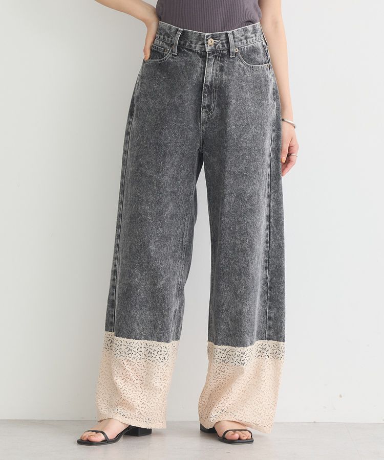 earth music&ecology「裾レースデニムパンツ」|デニム|Black