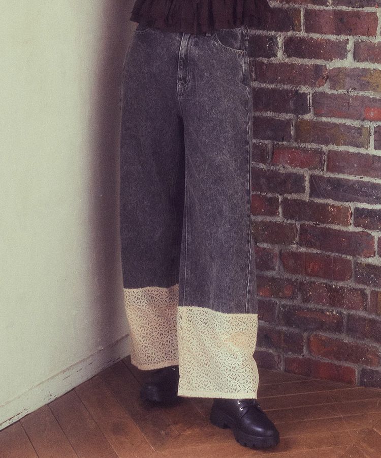 earth music&ecology「裾レースデニムパンツ」|デニム|