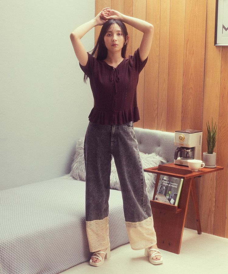 earth music&ecology「裾レースデニムパンツ」|デニム|