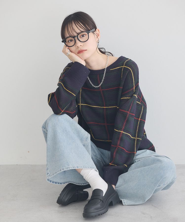 earth music&ecology「チェックジャガードニットプルオーバー」|ニット・セーター|
