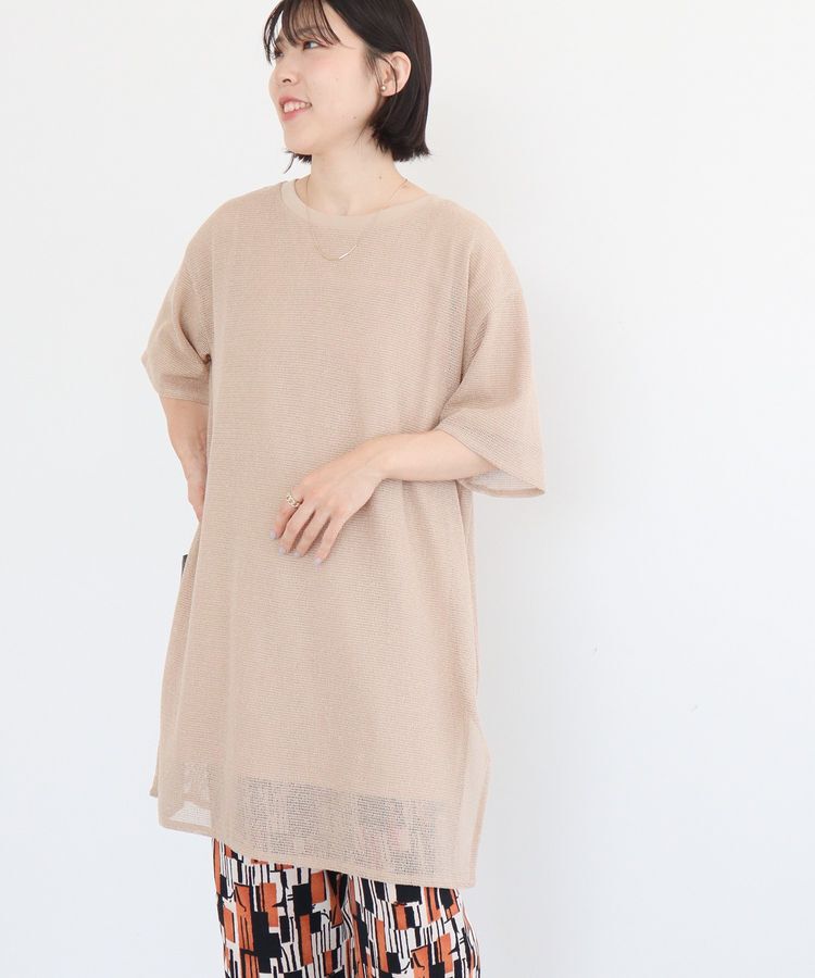 Green Parks「半袖メッシュドッキングチュニック」|チュニック|Light beige