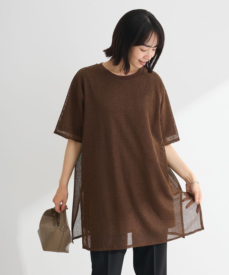 Green Parks「半袖メッシュドッキングチュニック」|チュニック|Brown