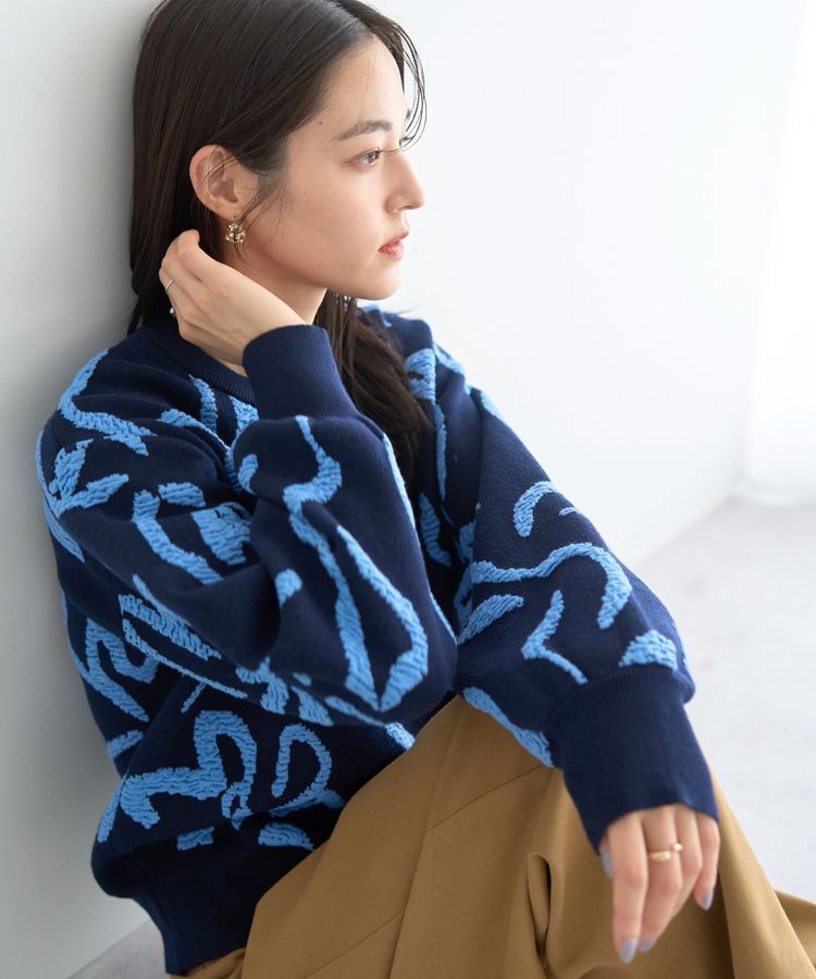 YECCA VECCA「アート柄ふくれジャガードニット」|ニット・セーター|Navy