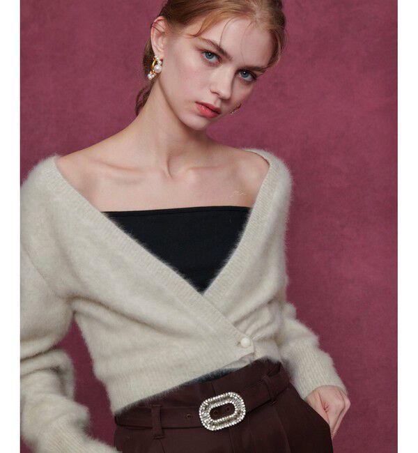 LOULOU WILLOUGHBY「【LOULOU WILLOUGHBY】カシミヤブレンドファー加工Ｖカーディガン」|カーディガン|ライトベージュ