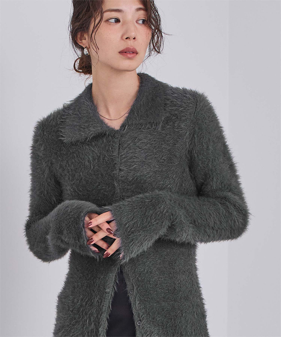 ur's「【yukiさんコラボアイテム】襟付きシャギーニットカーディガン」|ニット・セーター|