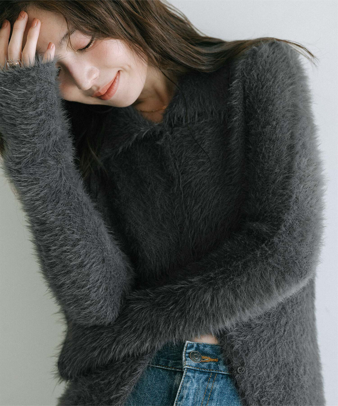 ur's「【yukiさんコラボアイテム】襟付きシャギーニットカーディガン」|ニット・セーター|