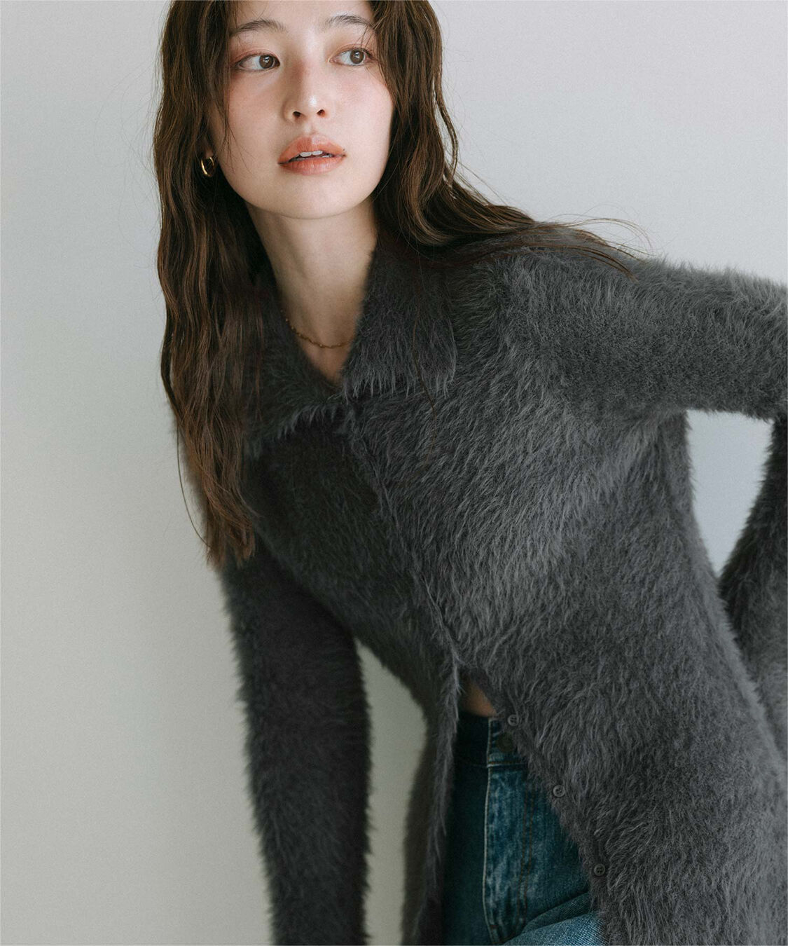 ur's「【yukiさんコラボアイテム】襟付きシャギーニットカーディガン」|ニット・セーター|