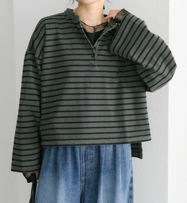  「ピグメントボーダーヘンリーネックカットソー」|Tシャツ・カットソー|チャコールグレー