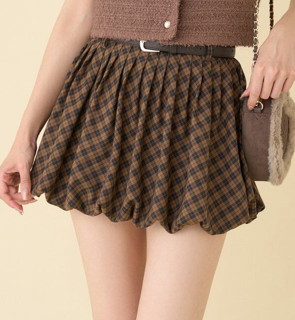  「ベルト付きプリーツバルーンミニスカート」|スカート|ブラウン系その他