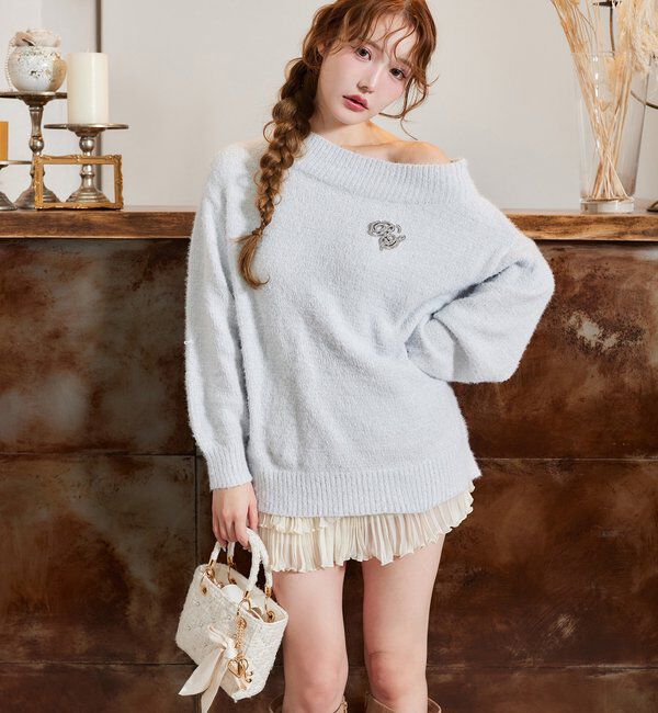  「ブローチ付きベロアモールミニニットワンピース」|ワンピース|