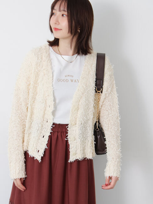 Te chichi TERRASSE「Vネックチュールフリンジカーディガン」|カーディガン|オフホワイト