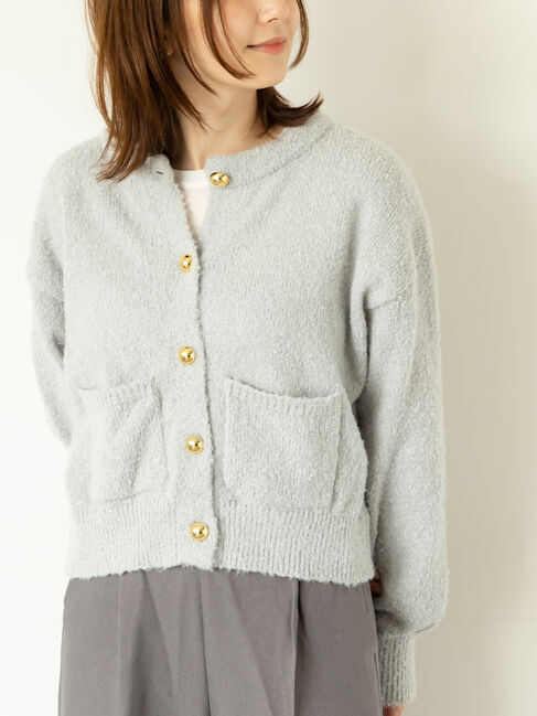 Te chichi TERRASSE「ブークレ金釦クルーネックカーディガン」|カーディガン|グレー