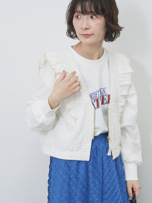 Samansa Mos2 blue「【ECO DENIM】ショルダーフリルベスト」|ダウンベスト・ベスト|オフホワイト