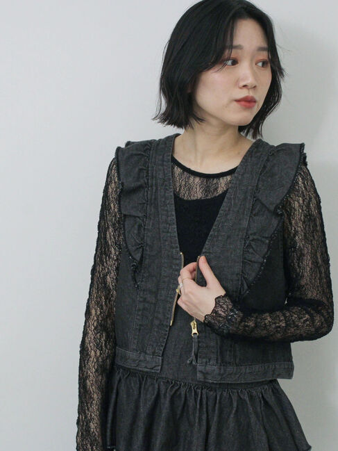 Samansa Mos2 blue「【ECO DENIM】ショルダーフリルベスト」|ダウンベスト・ベスト|